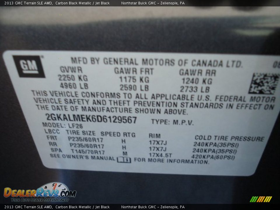 2013 GMC Terrain SLE AWD Carbon Black Metallic / Jet Black Photo #20