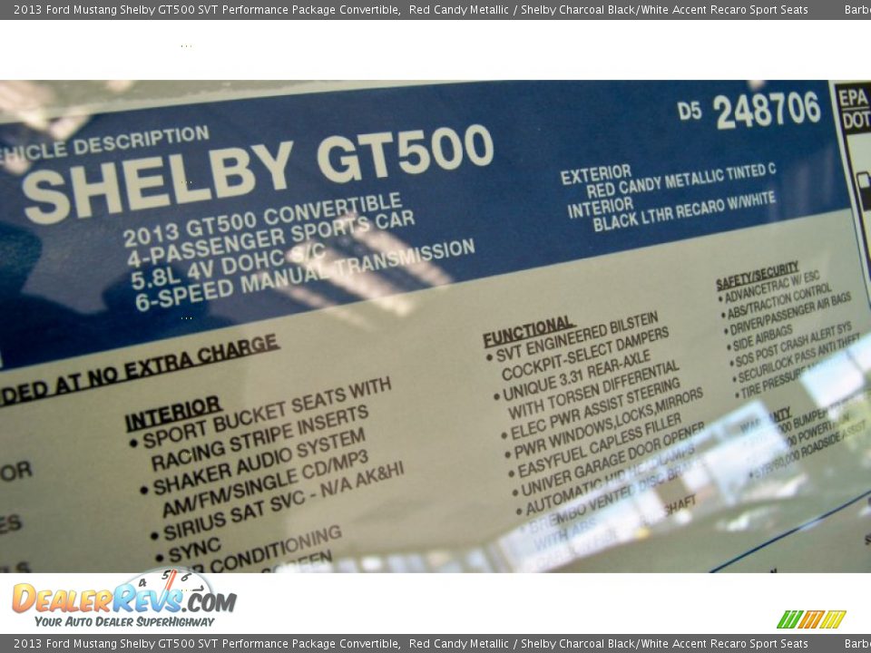 2013 Ford Mustang Shelby GT500 SVT Performance Package Convertible Window Sticker Photo #30