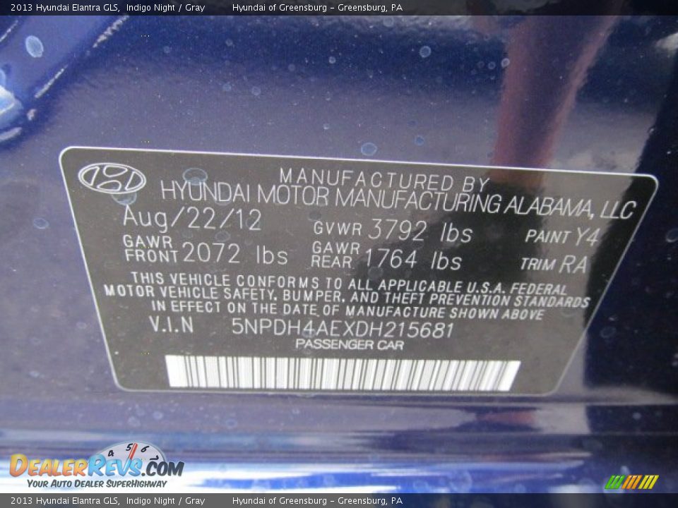 2013 Hyundai Elantra GLS Indigo Night / Gray Photo #10