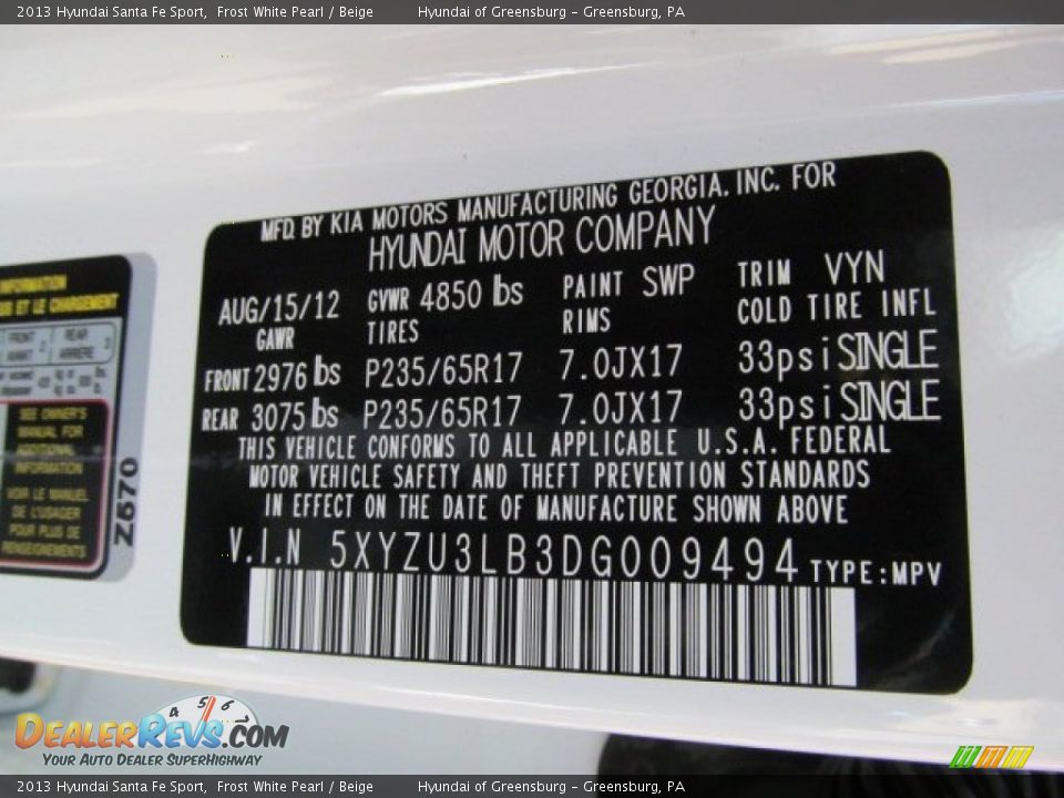 2013 Hyundai Santa Fe Sport Frost White Pearl / Beige Photo #10