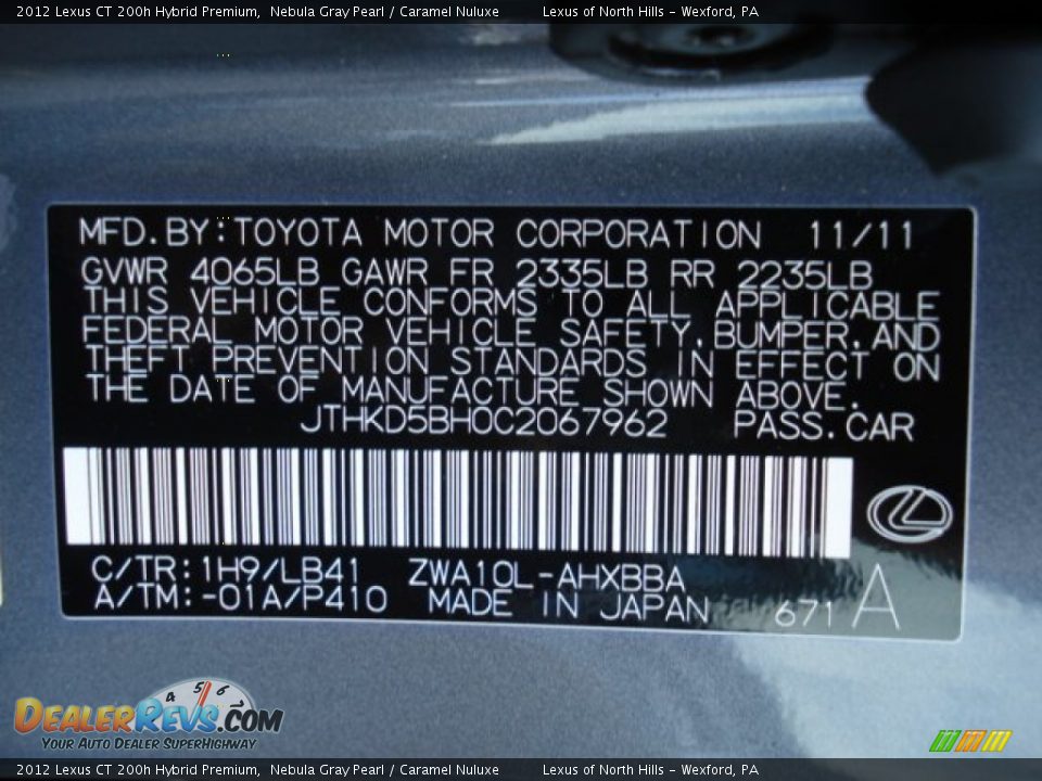 2012 Lexus CT 200h Hybrid Premium Nebula Gray Pearl / Caramel Nuluxe Photo #20