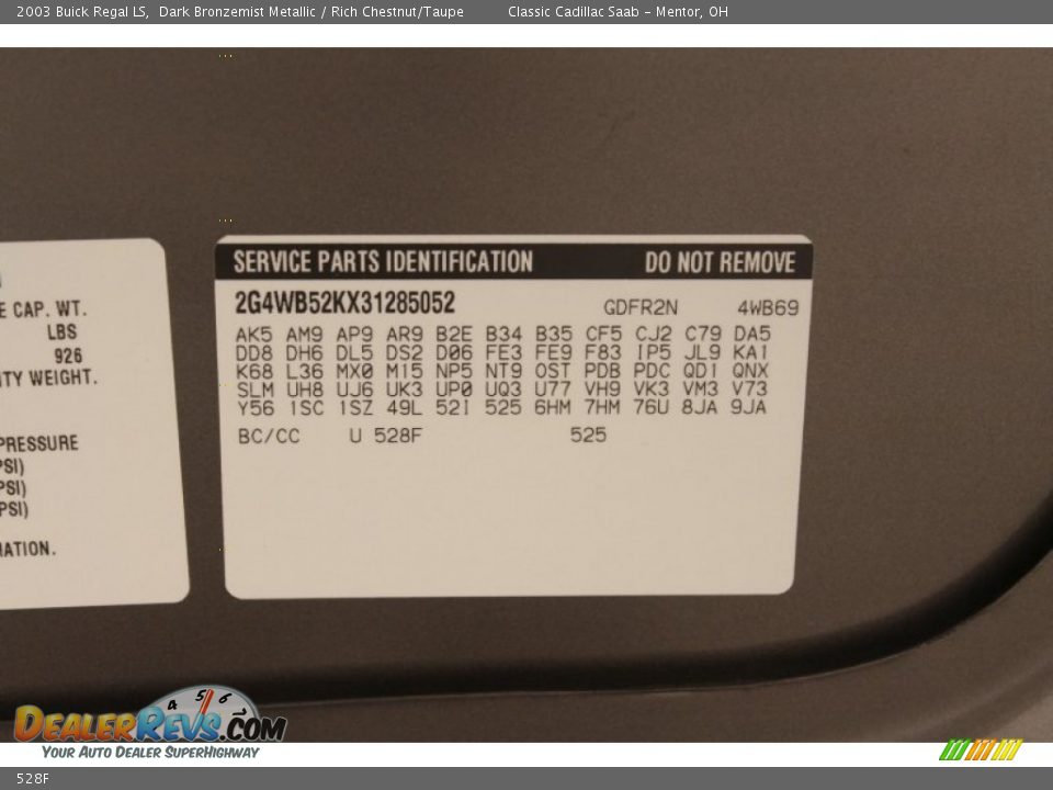 Buick Color Code 528F Dark Bronzemist Metallic