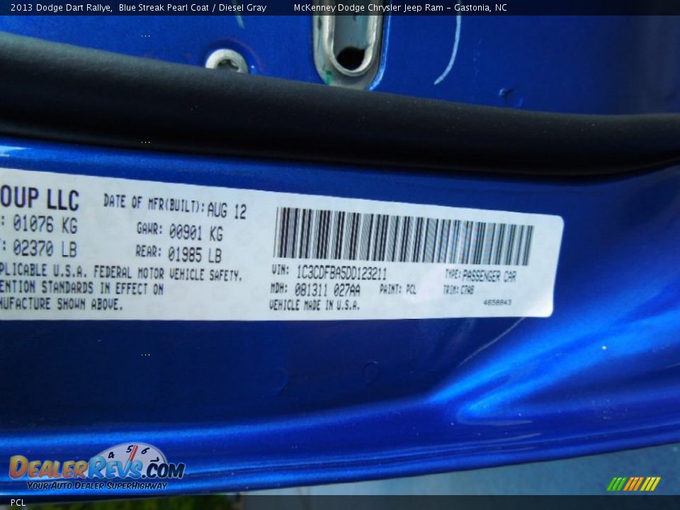 Dodge Color Code PCL Blue Streak Pearl Coat