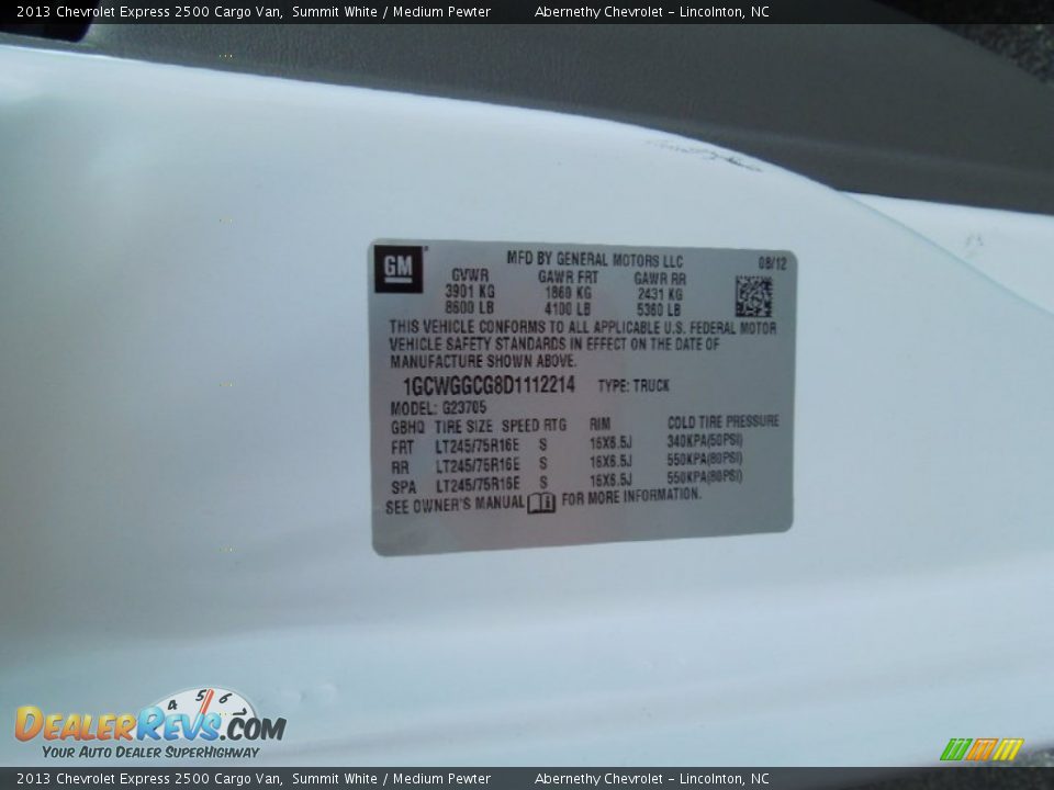 2013 Chevrolet Express 2500 Cargo Van Summit White / Medium Pewter Photo #7