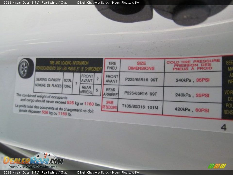 2012 Nissan Quest 3.5 S Pearl White / Gray Photo #33