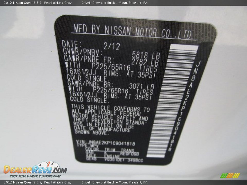 2012 Nissan Quest 3.5 S Pearl White / Gray Photo #34