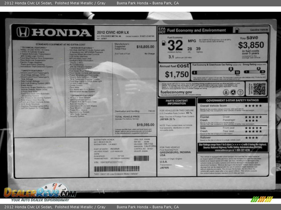 2012 Honda Civic LX Sedan Polished Metal Metallic / Gray Photo #18