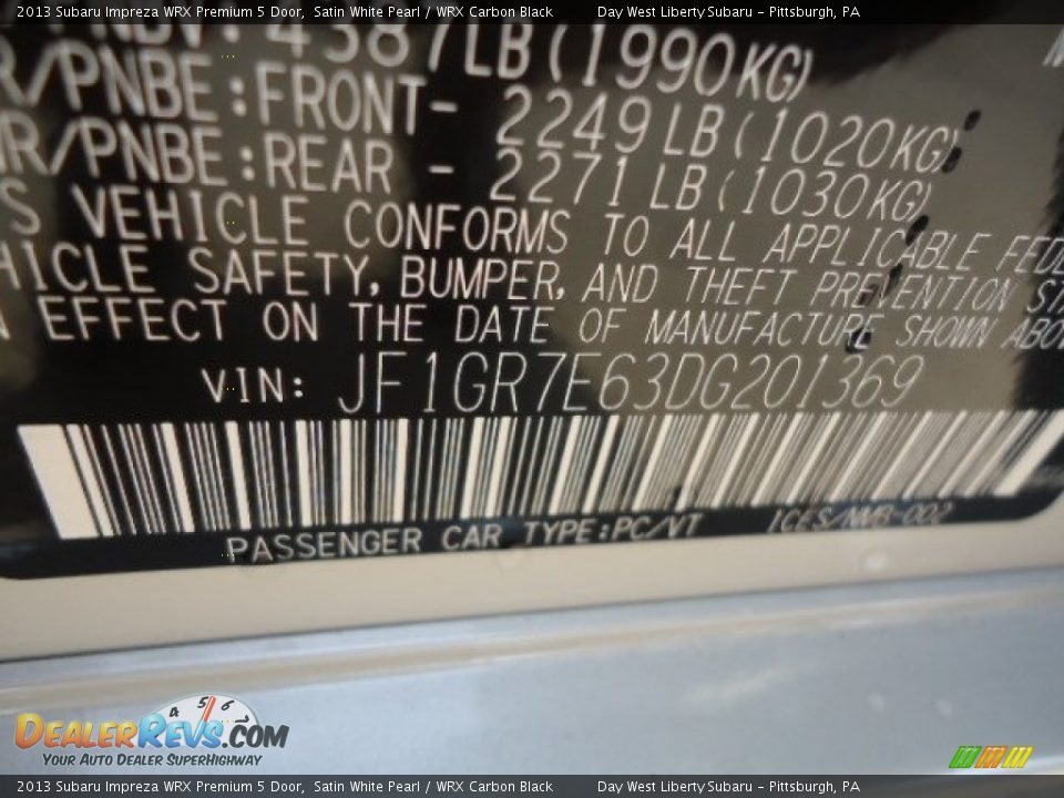 2013 Subaru Impreza WRX Premium 5 Door Satin White Pearl / WRX Carbon Black Photo #17