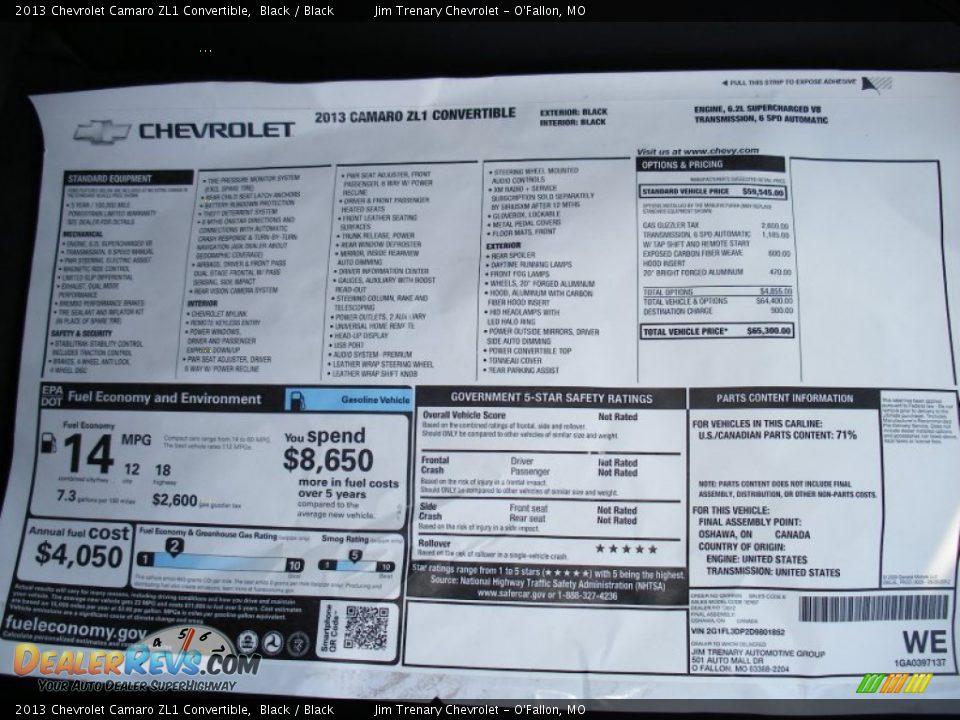 2013 Chevrolet Camaro ZL1 Convertible Window Sticker Photo #34