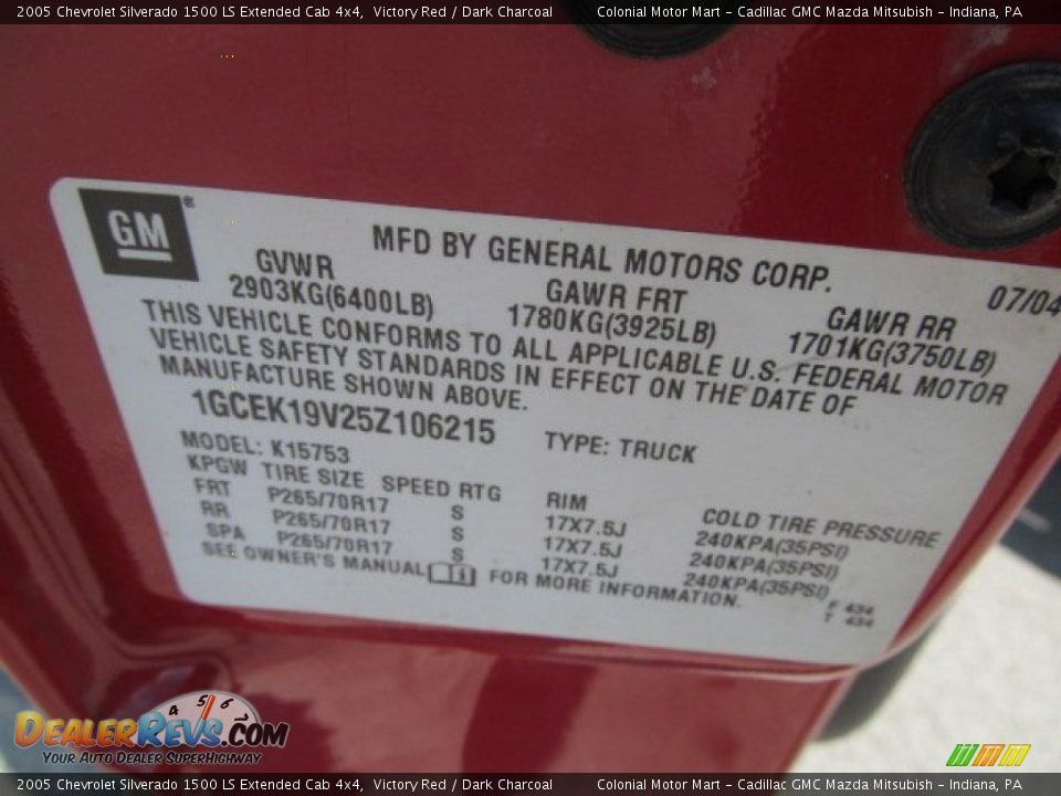Info Tag of 2005 Chevrolet Silverado 1500 LS Extended Cab 4x4 Photo #19