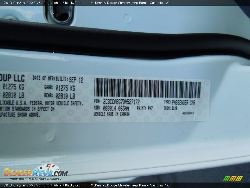 2013 Chrysler 300 S V6 Bright White / Black/Red Photo #7