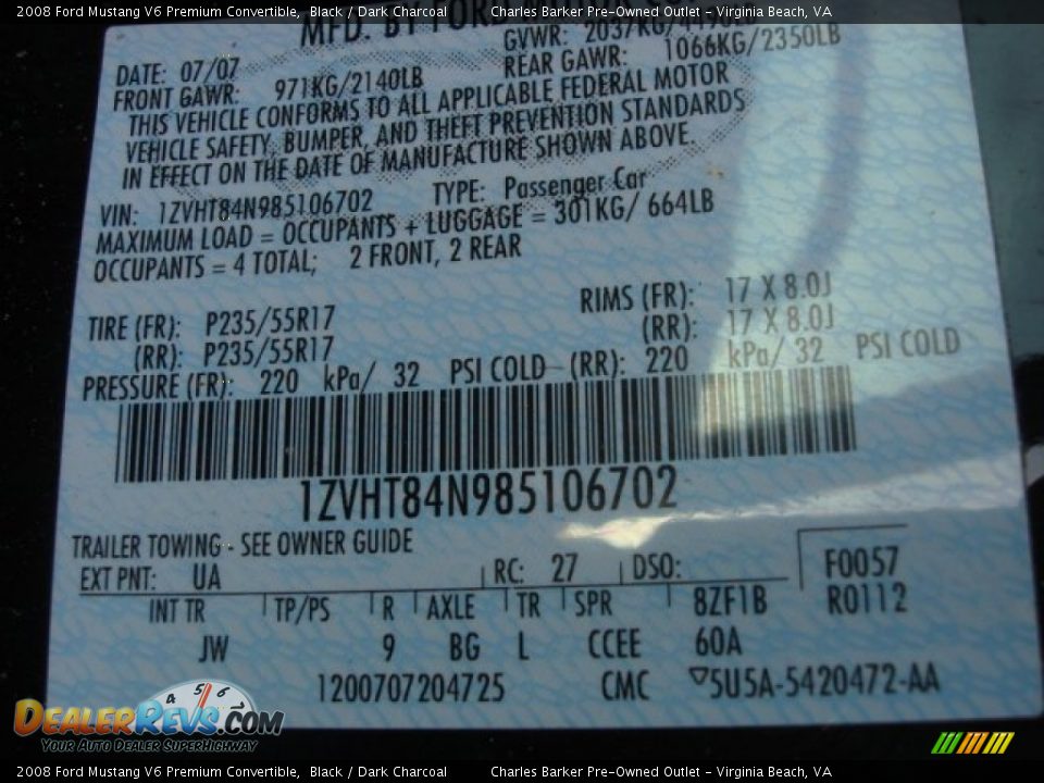 2008 Ford Mustang V6 Premium Convertible Black / Dark Charcoal Photo #17