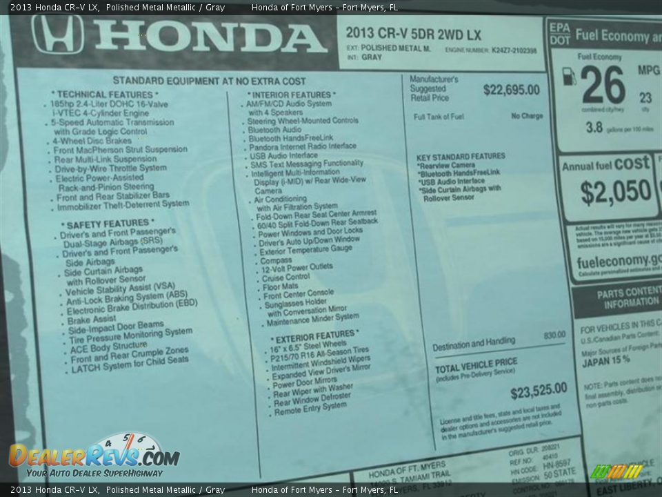 2013 Honda CR-V LX Polished Metal Metallic / Gray Photo #9