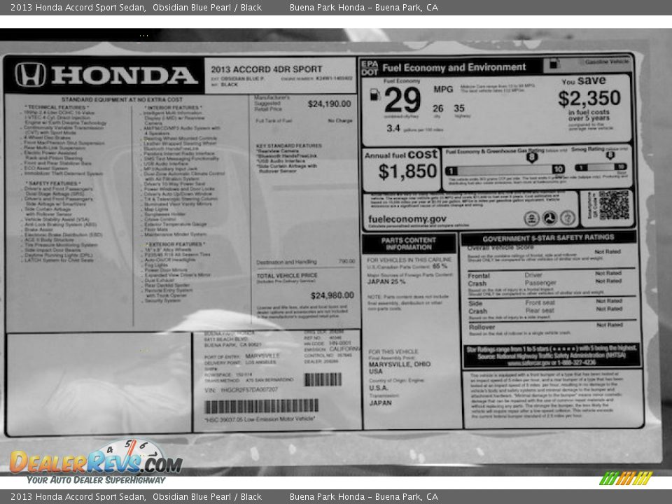 2013 Honda Accord Sport Sedan Window Sticker Photo #19
