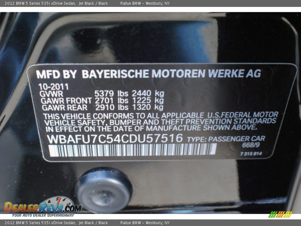 2012 BMW 5 Series 535i xDrive Sedan Jet Black / Black Photo #20
