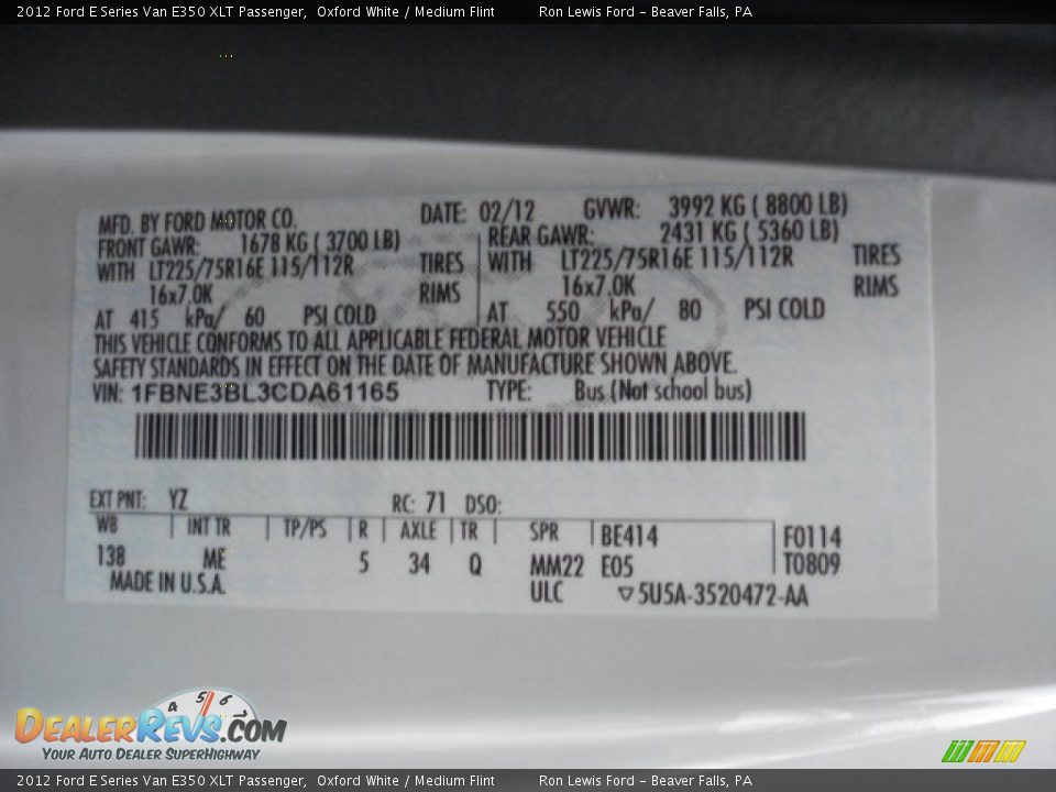 2012 Ford E Series Van E350 XLT Passenger Oxford White / Medium Flint Photo #21