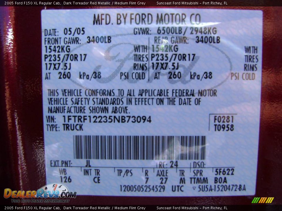 2005 Ford F150 XL Regular Cab Dark Toreador Red Metallic / Medium Flint Grey Photo #35