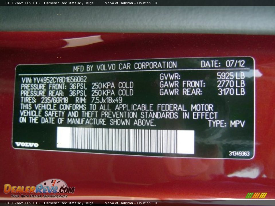 2013 Volvo XC90 3.2 Flamenco Red Metallic / Beige Photo #8