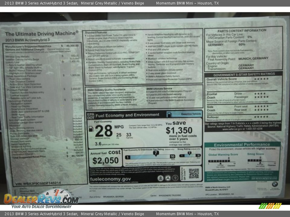 2013 BMW 3 Series ActiveHybrid 3 Sedan Window Sticker Photo #29