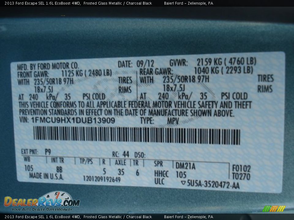 2013 Ford Escape SEL 1.6L EcoBoost 4WD Frosted Glass Metallic / Charcoal Black Photo #20