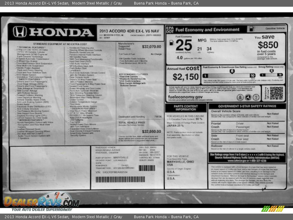 2013 Honda Accord EX-L V6 Sedan Modern Steel Metallic / Gray Photo #21