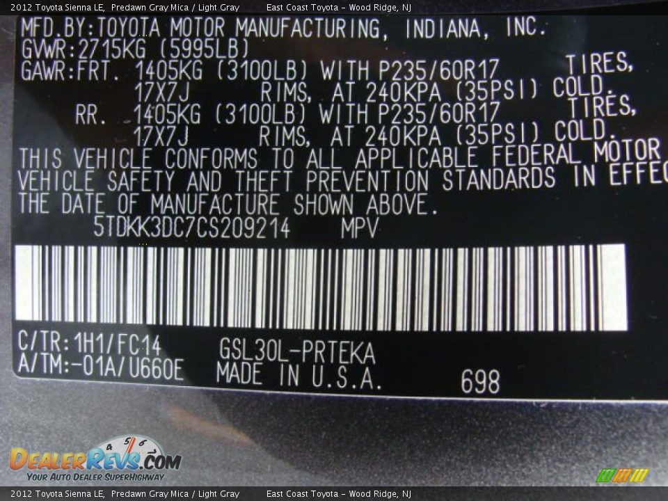 2012 Toyota Sienna LE Predawn Gray Mica / Light Gray Photo #15