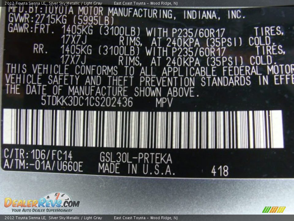 2012 Toyota Sienna LE Silver Sky Metallic / Light Gray Photo #15