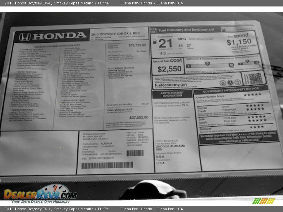 2013 Honda Odyssey EX-L Window Sticker Photo #24