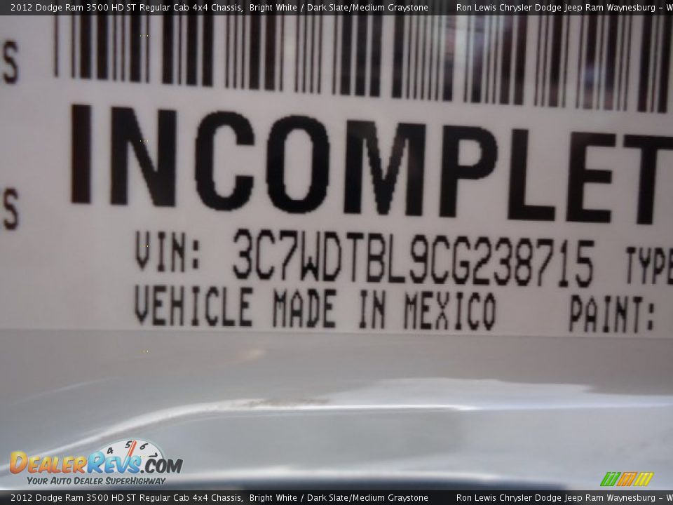 2012 Dodge Ram 3500 HD ST Regular Cab 4x4 Chassis Bright White / Dark Slate/Medium Graystone Photo #16