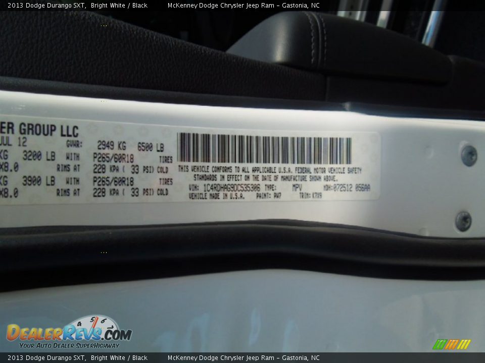2013 Dodge Durango SXT Bright White / Black Photo #7