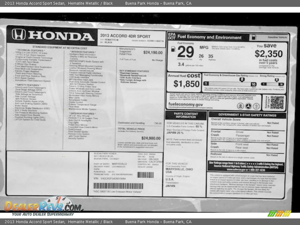 2013 Honda Accord Sport Sedan Window Sticker Photo #19