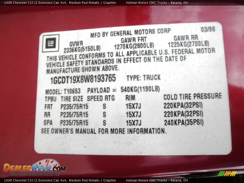 1998 Chevrolet S10 LS Extended Cab 4x4 Medium Red Metallic / Graphite Photo #5