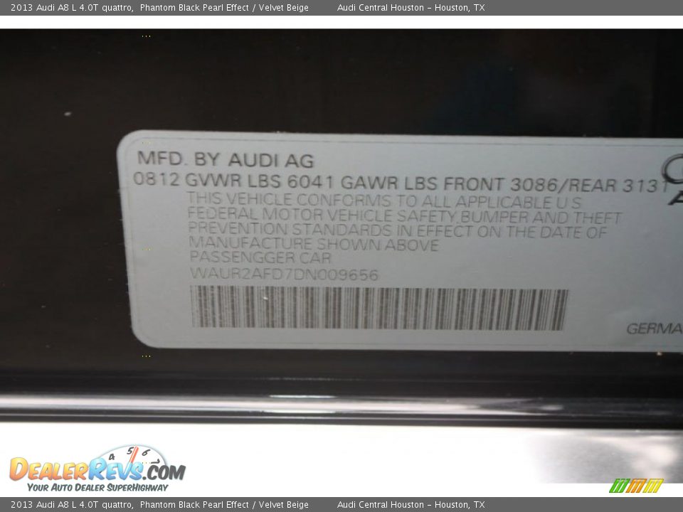 2013 Audi A8 L 4.0T quattro Phantom Black Pearl Effect / Velvet Beige Photo #32