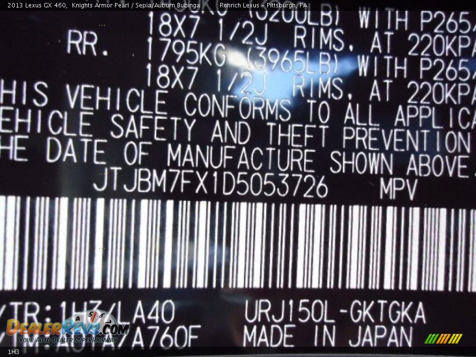 Lexus Color Code 1H3 Knights Armor Pearl