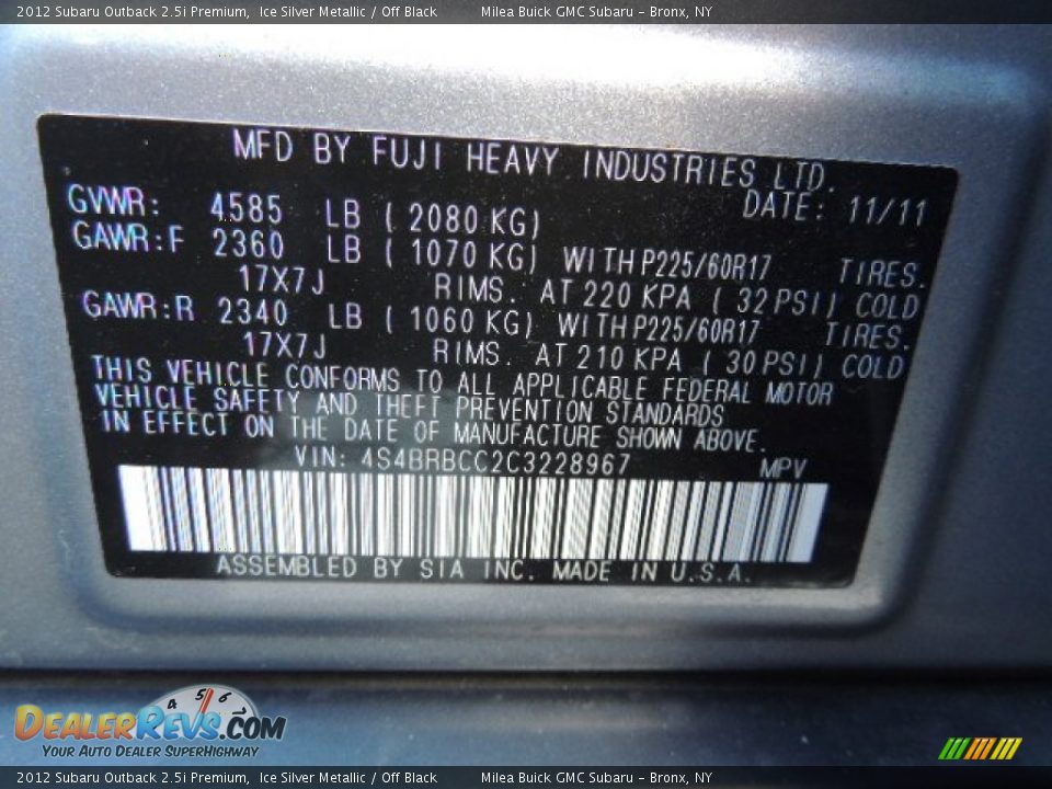 2012 Subaru Outback 2.5i Premium Ice Silver Metallic / Off Black Photo #11
