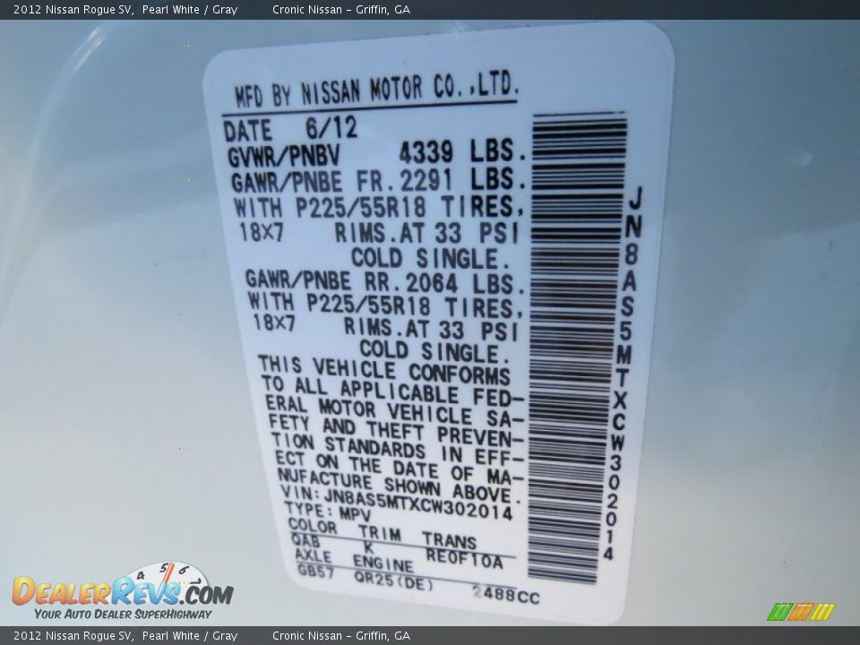 2012 Nissan Rogue SV Pearl White / Gray Photo #20