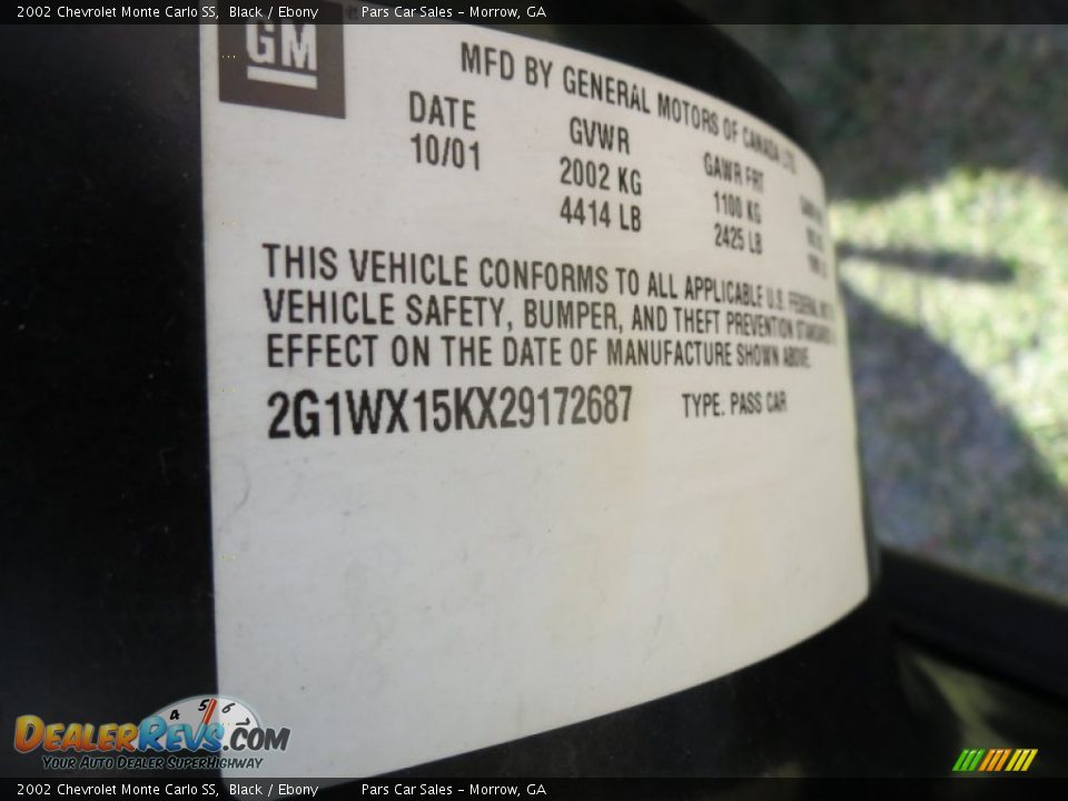 2002 Chevrolet Monte Carlo SS Black / Ebony Photo #15