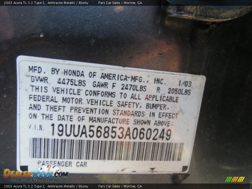 2003 Acura TL 3.2 Type S Anthracite Metallic / Ebony Photo #15