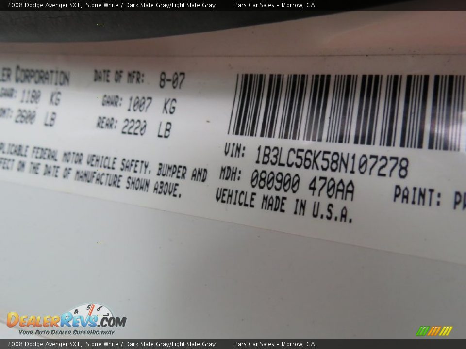 2008 Dodge Avenger SXT Stone White / Dark Slate Gray/Light Slate Gray Photo #14