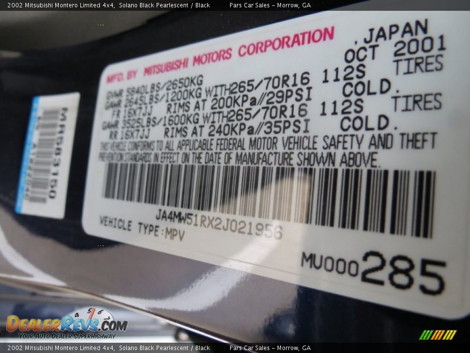 2002 Mitsubishi Montero Limited 4x4 Solano Black Pearlescent / Black Photo #14