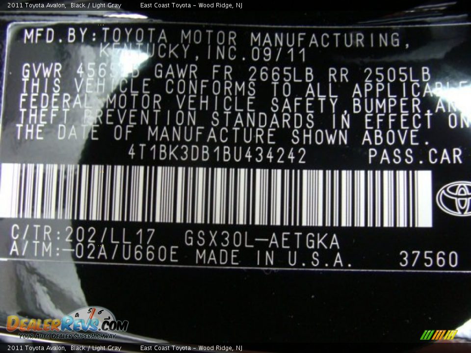 2011 Toyota Avalon Black / Light Gray Photo #14