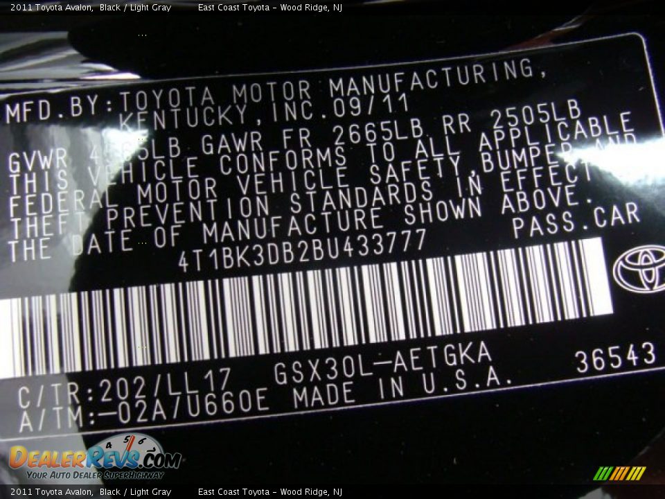 2011 Toyota Avalon Black / Light Gray Photo #14
