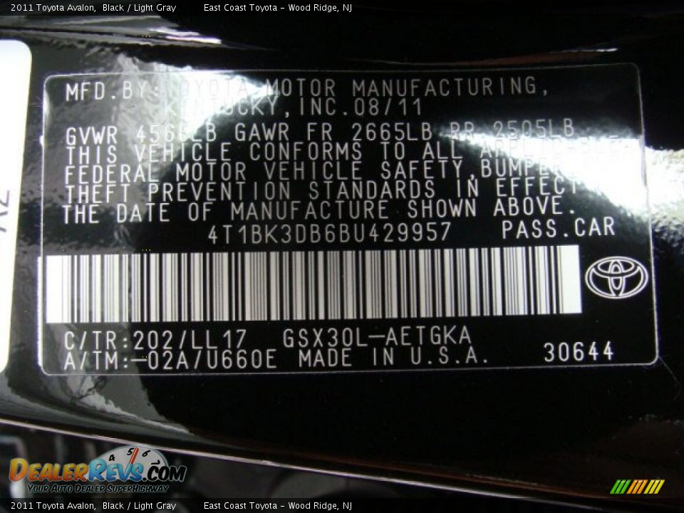 2011 Toyota Avalon Black / Light Gray Photo #14
