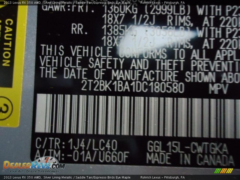 2013 Lexus RX 350 AWD Silver Lining Metallic / Saddle Tan/Espresso Birds Eye Maple Photo #16