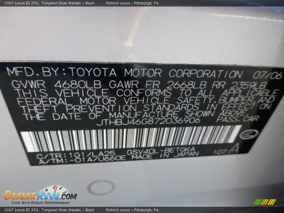 2007 Lexus ES 350 Tungsten Silver Metallic / Black Photo #19