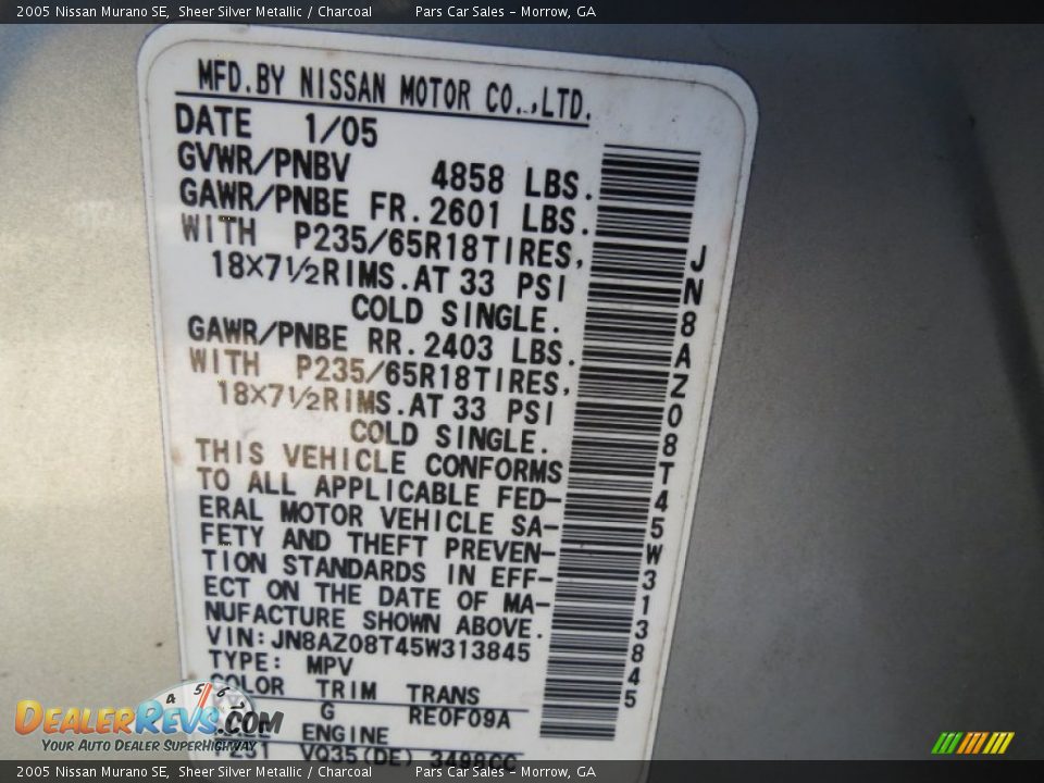 2005 Nissan Murano SE Sheer Silver Metallic / Charcoal Photo #14