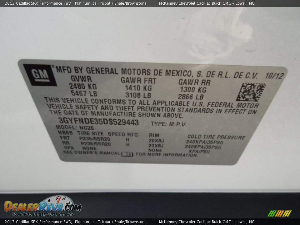 2013 Cadillac SRX Performance FWD Platinum Ice Tricoat / Shale/Brownstone Photo #7