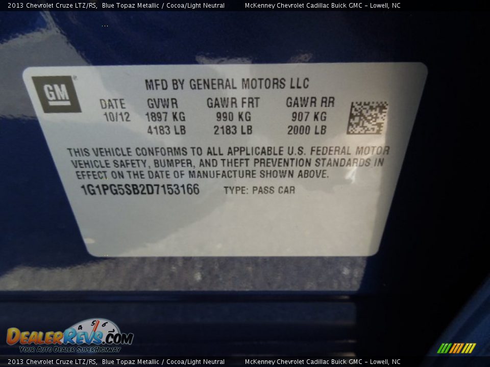 2013 Chevrolet Cruze LTZ/RS Blue Topaz Metallic / Cocoa/Light Neutral Photo #7