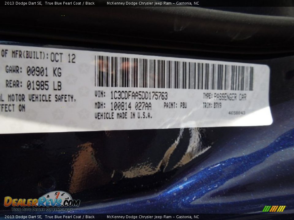2013 Dodge Dart SE True Blue Pearl Coat / Black Photo #7