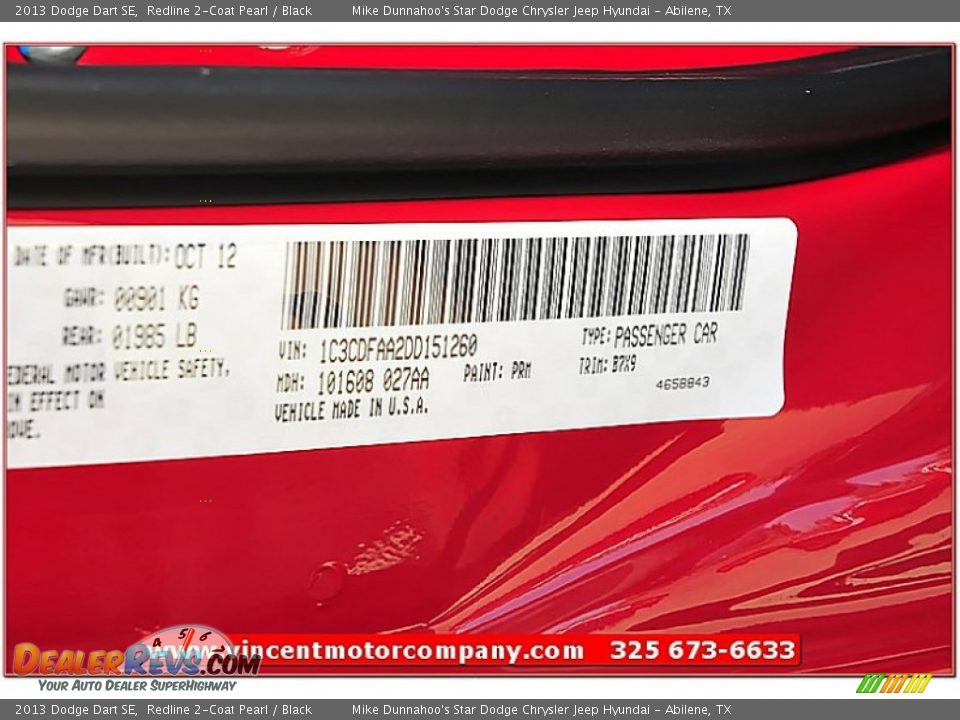 2013 Dodge Dart SE Redline 2-Coat Pearl / Black Photo #10